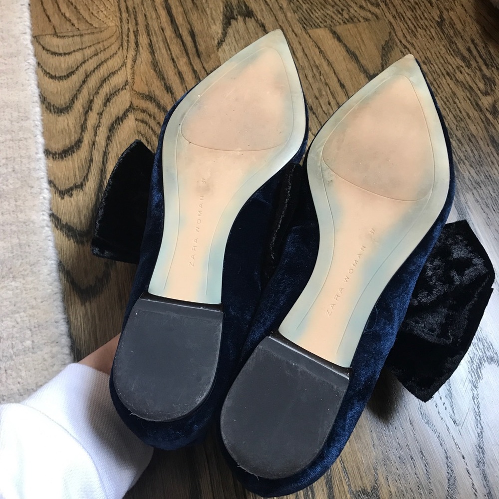 Zara Navy Velvet Ballerinas with Bow - Picture 6 of 8